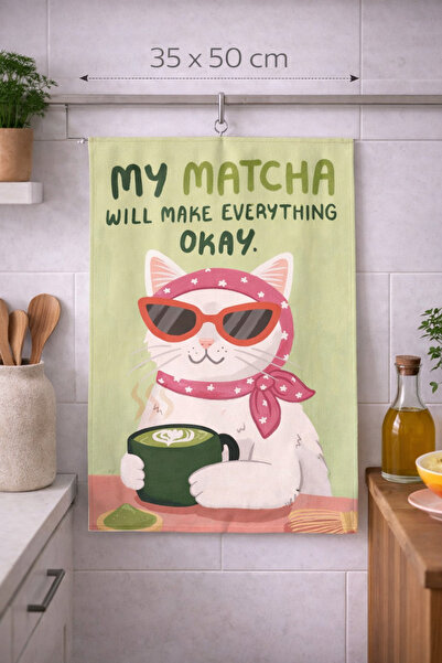 Piloji Modern Cat Kitchen Decoration Towel 35X50 - Vibrant Print Matcha Cat H...