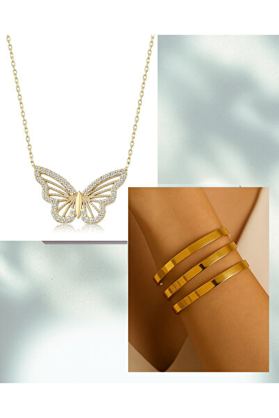 sinerjim 2'Lİ Set - Altın Renk 3 Adet Kalın Ajda Bilezik, Altın Renk Kelebek ...