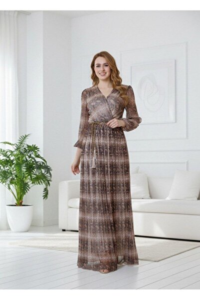 alqarat Atheer Pleated Maxi Dress with Earthy Prints