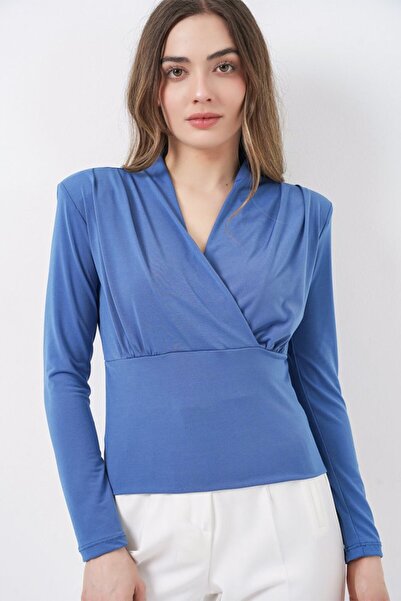 COjans Shoulder Shoulder Pad Piece Double-Breasted Collar Blouse 942 - Indigo