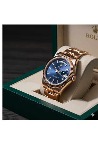 LAOBANX ساعة يد فاخرة من الذهب الوردي بمينا أزرق - إصدار بإطار مخدد، ساعة نسائية