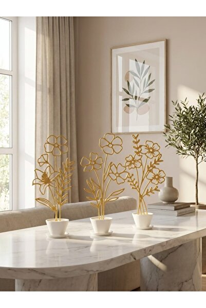 SteraDesign 3’lü Gold Çiçek Dekor Seti Beyaz Saksılı – Modern Salon Dekoru – ...