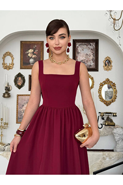 MODA DURAĞI Askılı Kare Yaka Fiyonk Detaylı Uzun Elbise Bordo