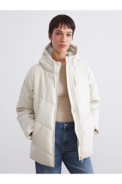 LC Waikiki Ecru Hooded Women's Leather Look Coat