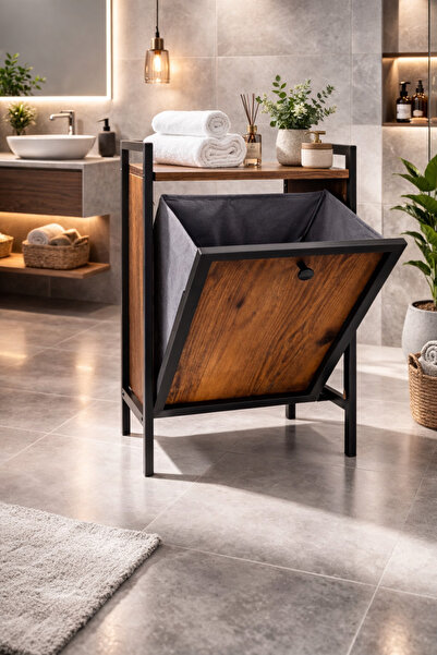 Mudesa Kapaklı Çamaşır Sepeti & Banyo Düzenleyici Dolap | Metal Ayaklı Modern...