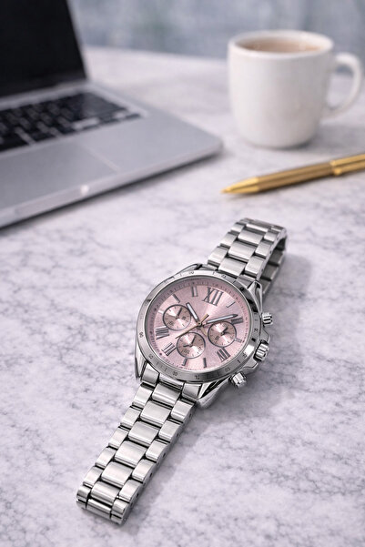 matheon Women's Silver Metal Band Pink Dial Chronograph Watch – Stylish, Eleg...
