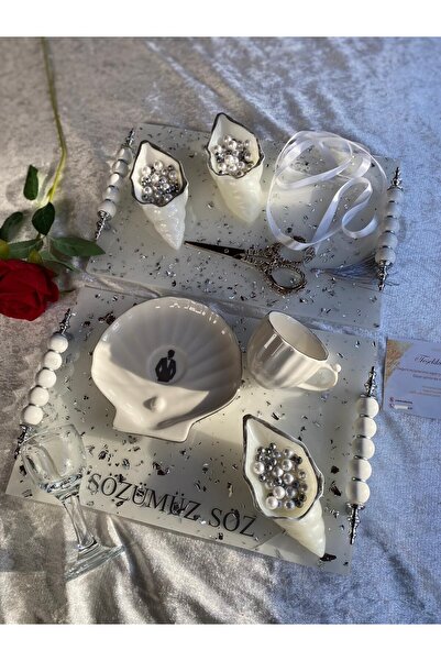Yopoksi Desing İNCİ FİNCANLI PARLAK BEYAZ GÜMÜŞ VARAKLI SÖZ,NİŞAN,İSTEME TEPS...