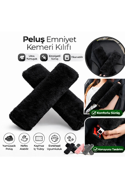 lawrenceshop Siyah Peluş Emniyet Kemeri Kılıfı 2’li Set Ultra Yumuşak Univers...