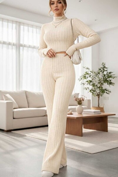 COjans Women's Ecru Striped High Neck Crop Top and High Waist Sweatpants Set ...