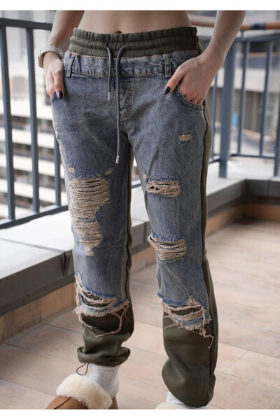 deniva Wide Leg Oversize Khaki Sweatpants Detailed Jeans