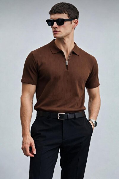 Lufian Erkek Yarın Fermuarlı Slim Fit Kısa Kollu Triko Tişört