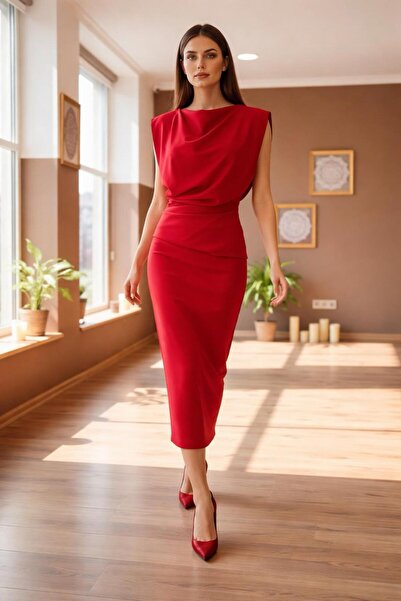 aşkın göksu Kırmızı Degaje Yaka Düşük Kol Belden Drapeli Midi Boy Kadın Abiye