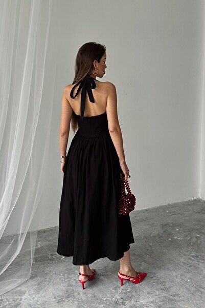 Caddebostan Moda Halter Neck Linen Dress with Open Back and Flared Cut, Midi ...