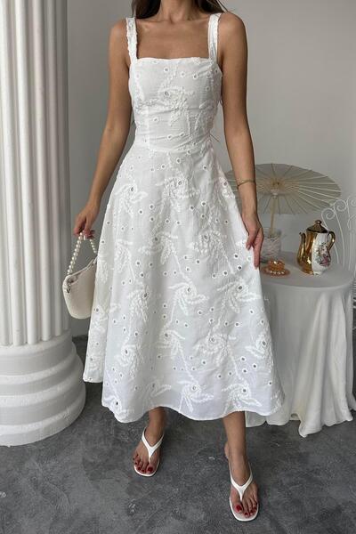 Caddebostan Moda Corset Detailed Strappy Eyelet Embroidered Long Midi Dress E...