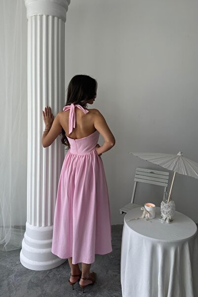 Caddebostan Moda Halter Neck Linen Dress with Open Back and Flared Cut, Midi ...