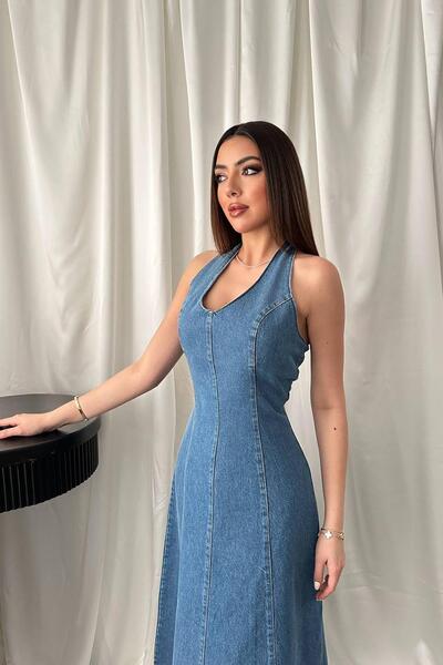 Caddebostan Moda Halter Neck Backless Denim Dress Midi Length Denim Dress