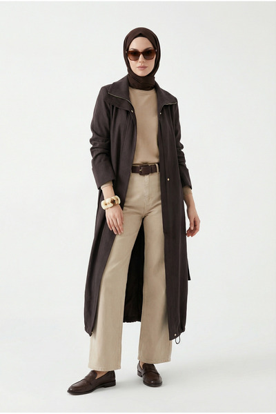 Armine TREND Yakası File Detaylı Belden Kuşaklı Yandan Fermuarlı Kap Kahveren...