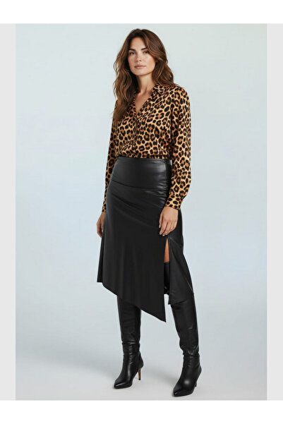 MODA Women's Midi Length Elastic Waist Asymmetrical Slit Faux Leather Skirt