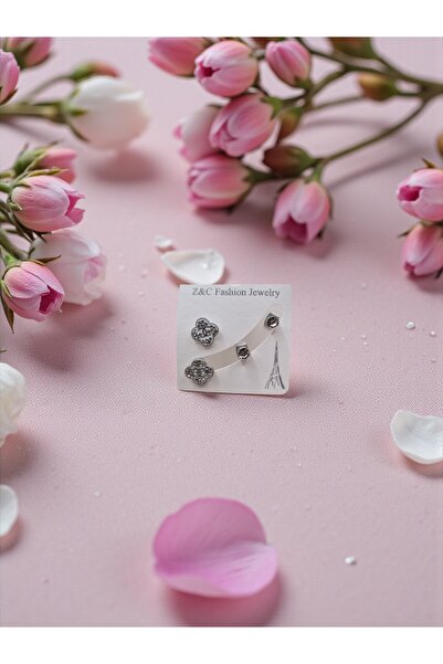 ahsenaksesuar2025 Silver Color Zircon Stone Detailed 316L Steel Tarnish-Resis...
