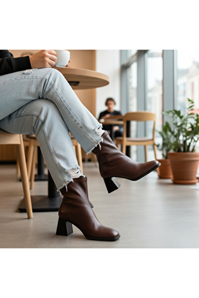 YUHUSHOE Women's Boots Bitter Brown Thick Heeled Stretch Boots