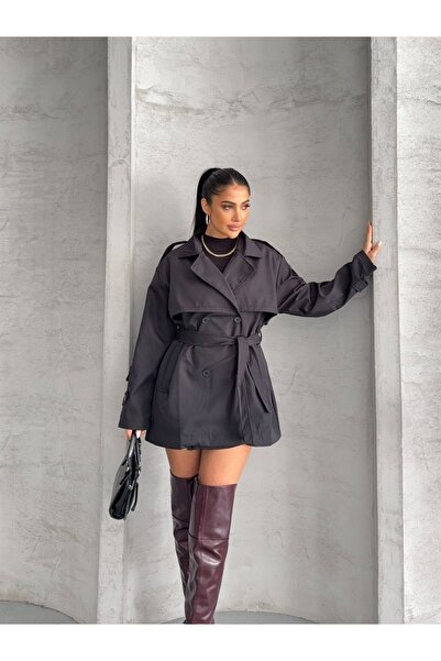 BEYZOX Yeni Sezon Kruvaze Yaka Kuşaklı Astarlı Siyah Kadın Trençkot