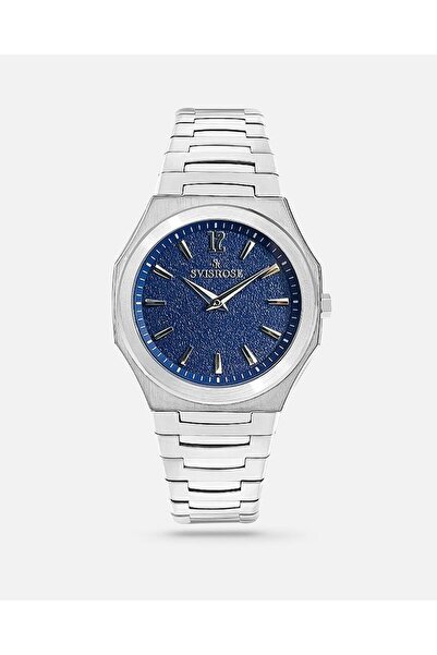 svisrose Men's steel watch, silver, navy blue