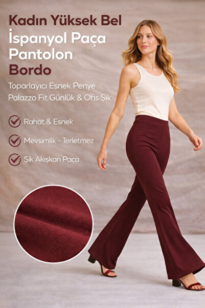 PANTOFİT Women's High-Waisted Spanish Flare Pants – Stretchy Combed Cotton Pa...