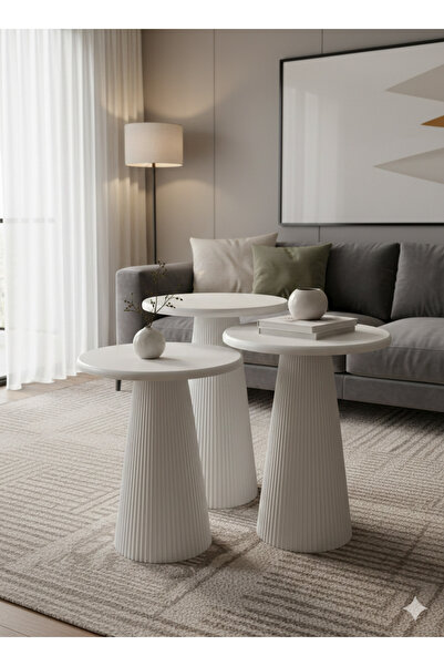 Aura Ways BEYAZ 3'lü Mantar Zigon Sehpa / Üçlü Mantar Sehpa