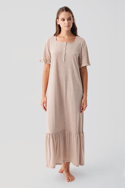 Artış Cămașă de noapte lungă din bumbac, cu mâneci scurte și volane, cu nasturi