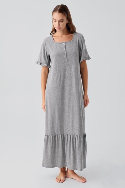 Artış Kısa Kollu Düğmeli Fırfırlı Pamuklu Uzun Gecelik