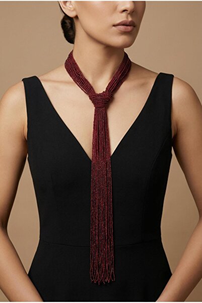 Spazio Çok Sıralı Boncuklu Kravat Model Püskül Kolye BORDO