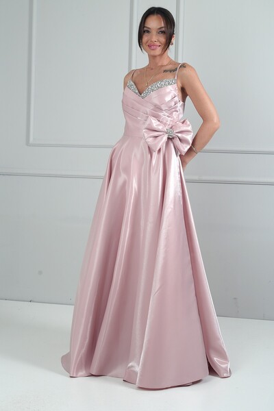 By Saygı Kadın İp Askılı Yaka Taş Detaylı Drapeli Beli Fiyonklu Astarlı Tafta...