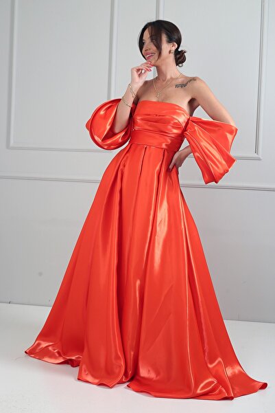 By Saygı Kadın Straplez Balon Kollu Astarlı Pileli Cepli Tafta Uzun Elbise