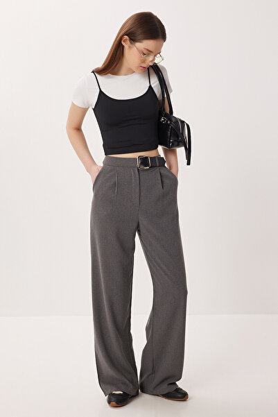 Lovelyİstanbul Kemer Detaylı Dokuma Palazzo Pantolon LBY0044 GRİ