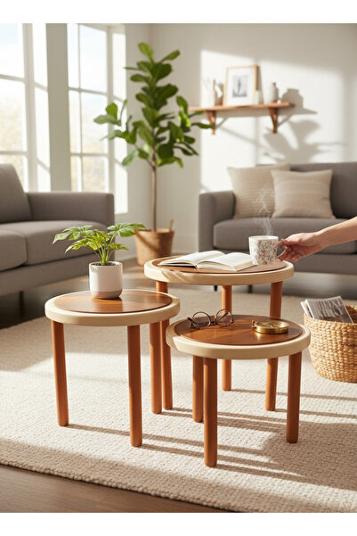 Akabesan Aksesuar Jupiter Serisi Yuvarlak Ahşap Kayın Ağacından Üst Kalite 3'...