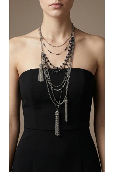 Spazio Boncuklu Çoklu Zincirli Püskül Detaylı Kolye GÜMÜŞ