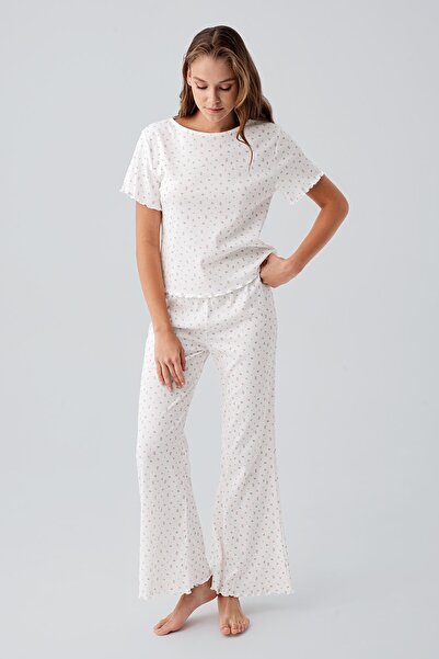Artış Kısa Kollu Çiçek Desenli %100 Pamuk Pijama Takım