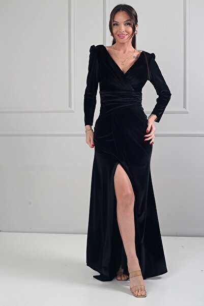 By Saygı Women's Double-Breasted Collar Lined Draped Plus Size Long Velvet Dress