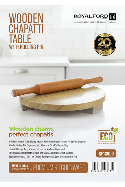 ROYALFORD Wooden Chapatti Table and Rolling Pin RF13009 Natural Wood Set