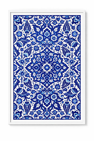 KAYABEY HOME Mavi Çini Desenli Dekoratif Tablo – Beyaz Çerçeveli Geleneksel D...