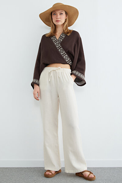 Fulla Moda Beli Lastikli Cepli Müslin Kumaş Pantolon