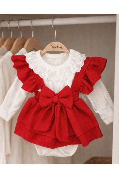 BYMURAT BABY Premium Bowknot Red Waffle Suit with Yak Details