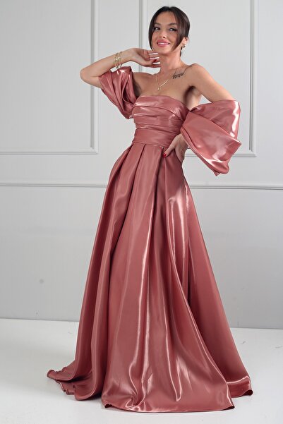 By Saygı Kadın Straplez Balon Kollu Astarlı Pileli Cepli Tafta Uzun Elbise