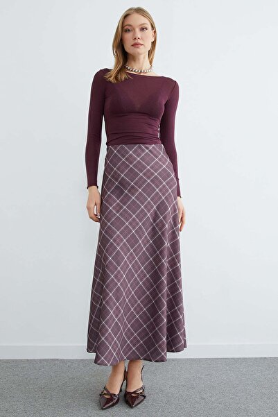 Fulla Moda Plaid Patterned Maxi Length Satin Skirt
