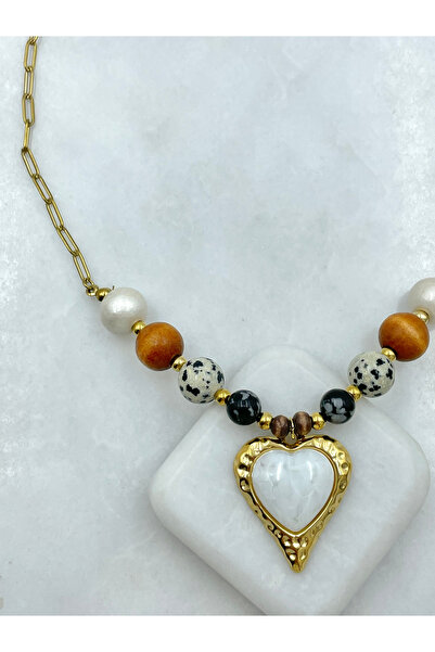 Seda Bijuteri قلادة من الخرز المتدلي على شكل قلب من الفولاذ الأوبالي باللون ا...