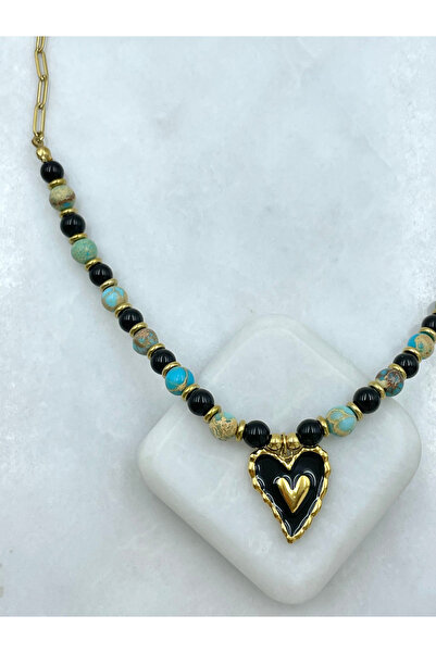 Seda Bijuteri Steel Natural Stone Look Black Enamel Heart Pendant Necklace Gold