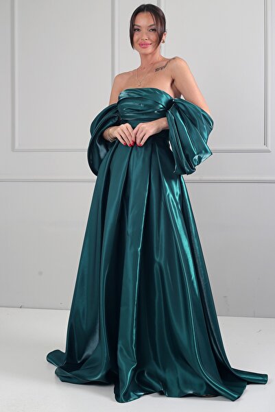 By Saygı Kadın Straplez Balon Kollu Astarlı Pileli Cepli Tafta Uzun Elbise