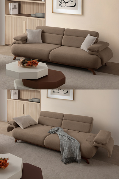 Eymense Bonjo Sırt Mekanizmalı Ceviz Kasalı Üçlü Koltuk Kanepe Sütlü Kahve