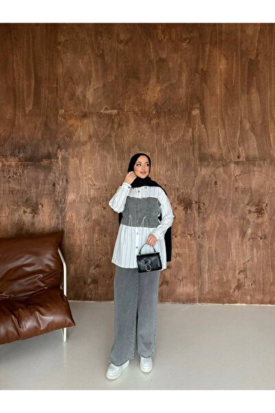 YAREN CLARA Denim Garnished Striped Double Suit Yrn-2264