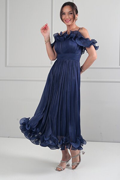 By Saygı Women's Chiffon Fabric Midi Dress with Flounce Detail